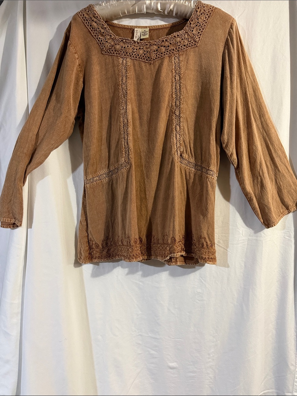 Women's Brown Crochet Trim Cotton  blouse with a draw in back to make it fit